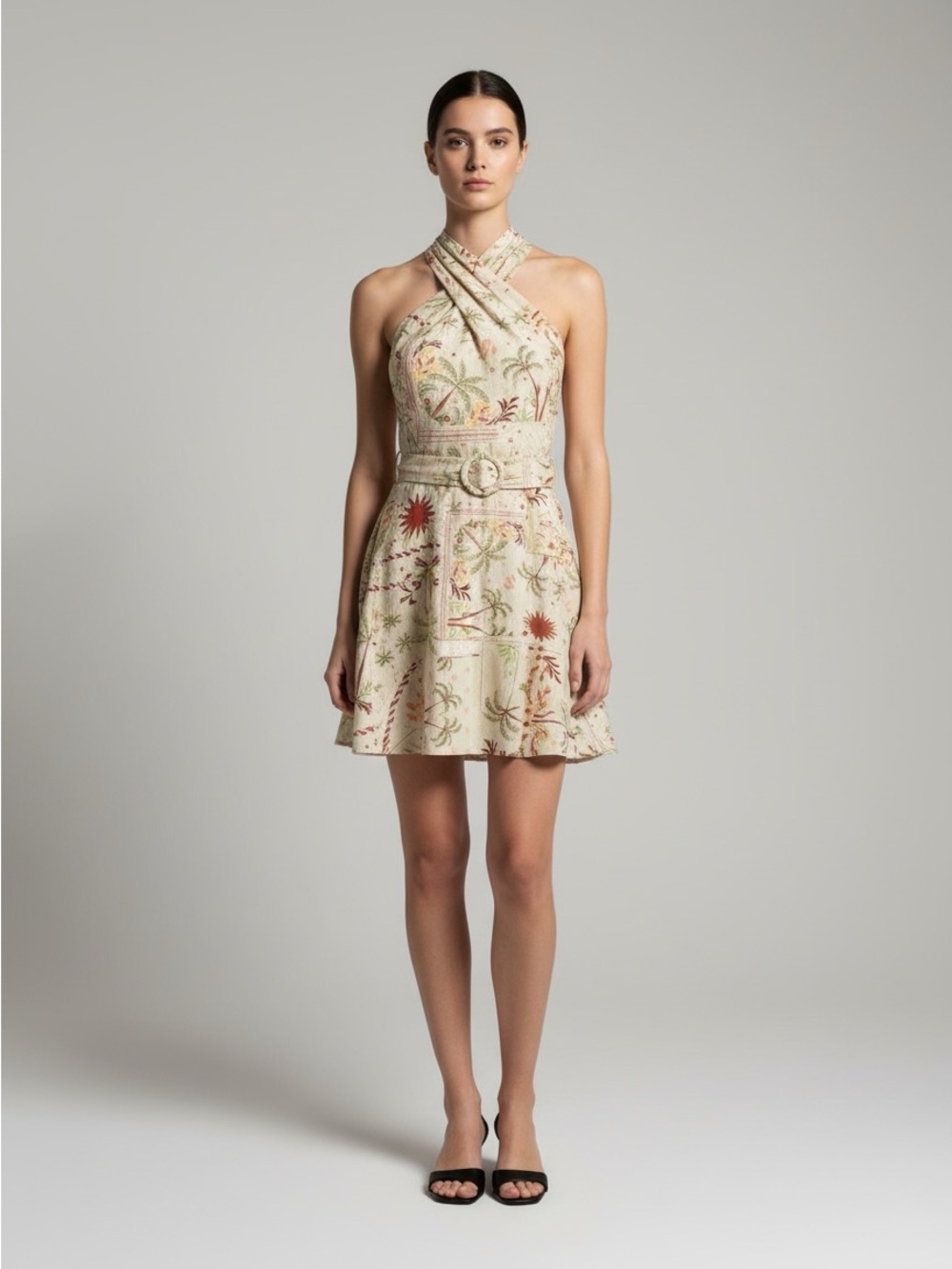 New RACHEL Rachel Roy Cream Floral Cross-Neck Belted Mini Dress size 12